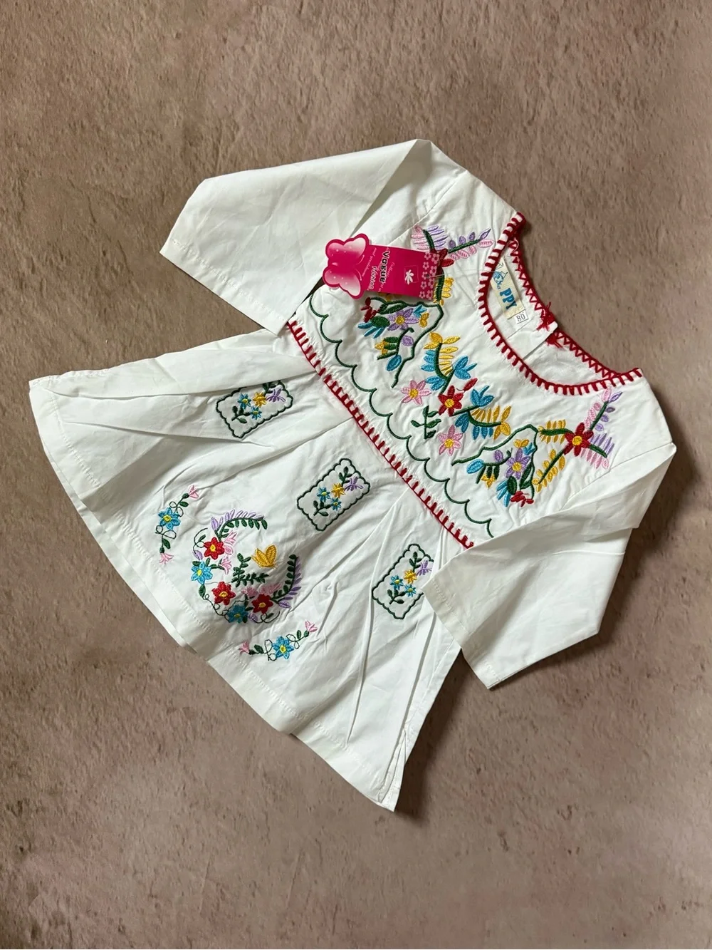 Girls White Embroidered Floral Dress with Red Trim